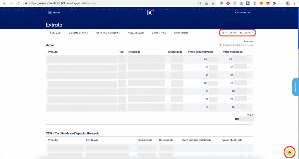 Captura de tela mostrando o extrato na Área Logada do Investidor na B3, com o texto “FILTRAR 15/03/2022” e o botão “Download” em destaque.