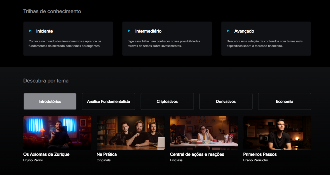 Tela do Finclass mostrando as Trilhas de Conhecimentos e a navegação por categoria.