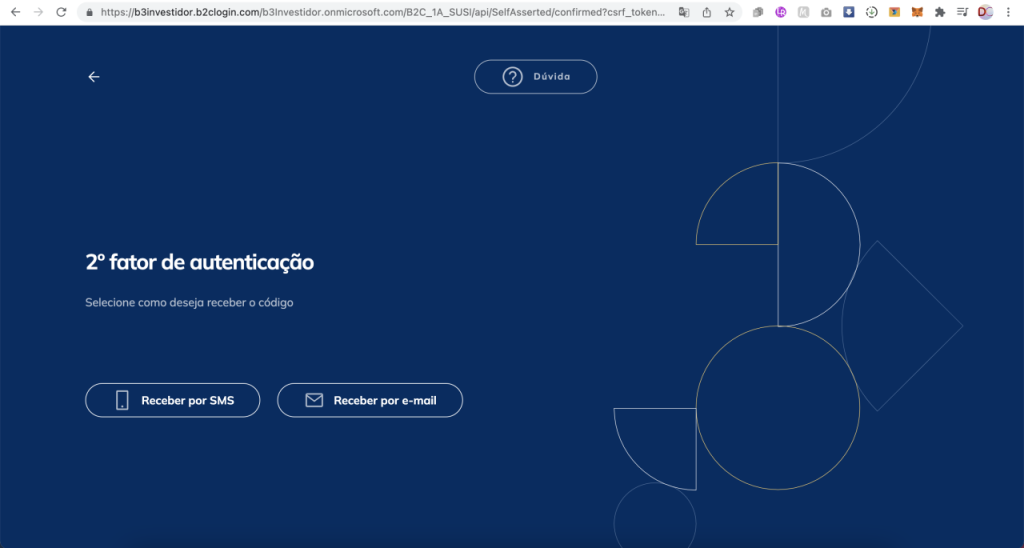 Captura de tela mostrando a página de “2º fator de autenticação” da Área do Investidor na B3.