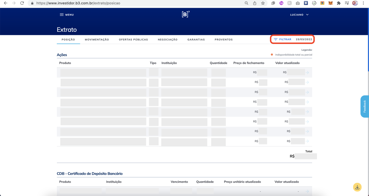 Captura de tela mostrando o extrato na Área Logada do Investidor na B3, com o texto “FILTRAR 15/03/2022” em destaque.