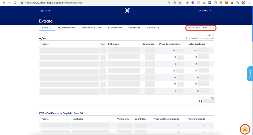 Captura de tela mostrando o extrato na Área Logada do Investidor na B3, com o texto “FILTRAR 15/03/2022” e o botão “Download” em destaque.